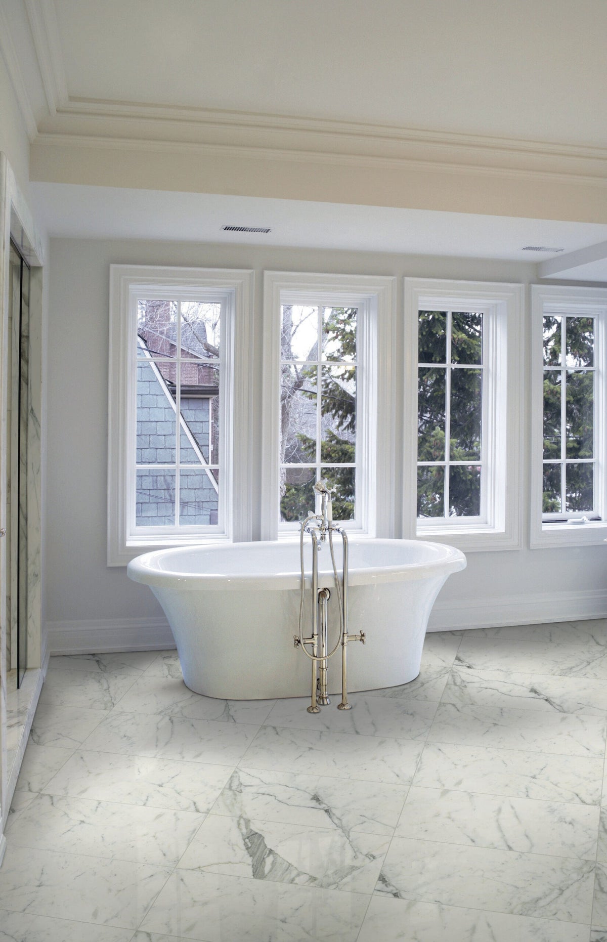 Classic Statuarietto Honed Marble Look Porcelain Tiles 12x24 installed in a bathroom, view 2