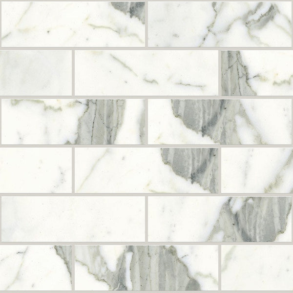 Classic Statuarietto Polished 2x6 Marble Look Porcelain Mosaics 12x12