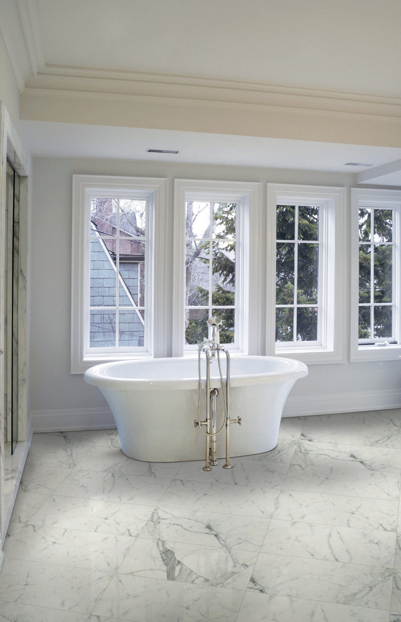 Classic Statuarietto Polished Marble Look Porcelain Tiles 12x24 installed in a bathroom, view 2