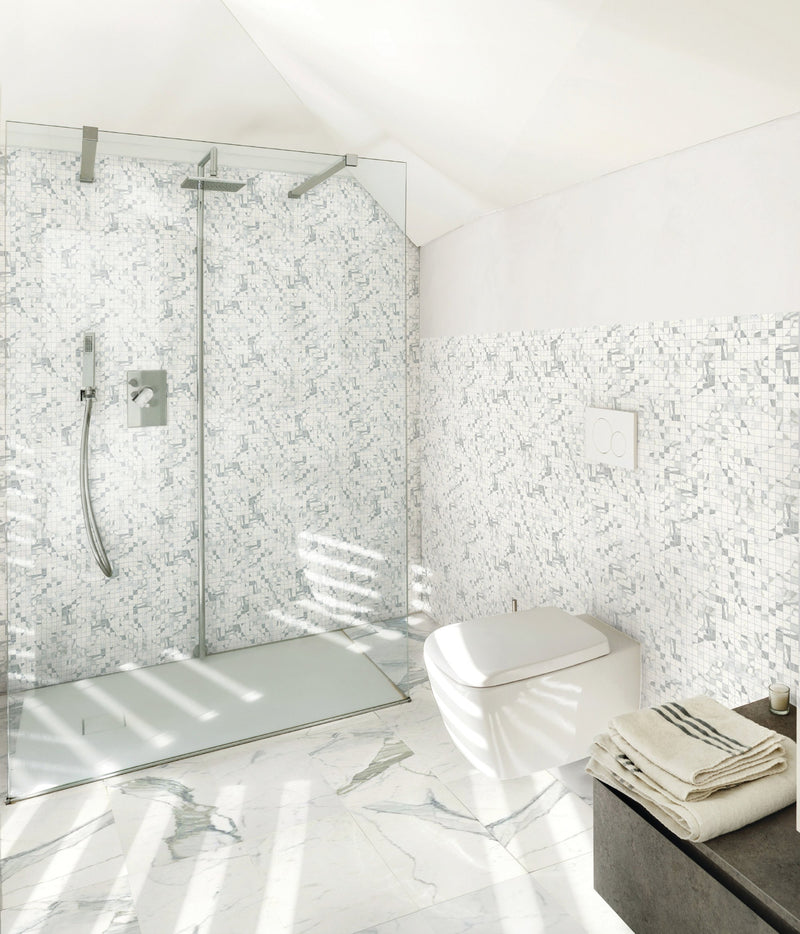 Classic Statuarietto Polished Marble Look Porcelain Tiles 12x24 installed in a bathroom, view 3
