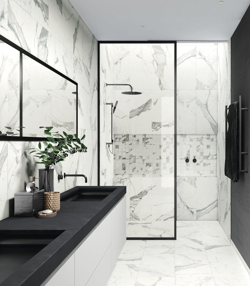 Classic Statuarietto Polished Marble Look Porcelain Tiles 12x24 installed in a bathroom