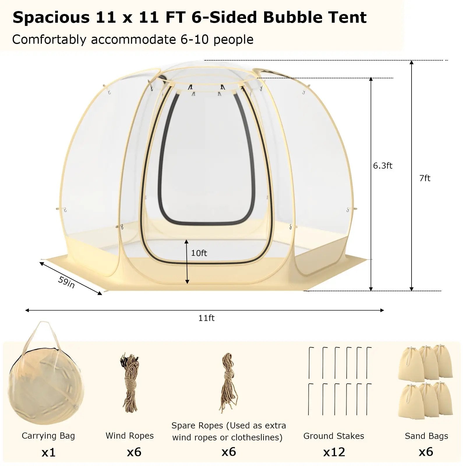 11 x 11 Feet Clear Dome Pop up Bubble Tent with Carrying Bag for 6-10 People-Beige by DirectDeals