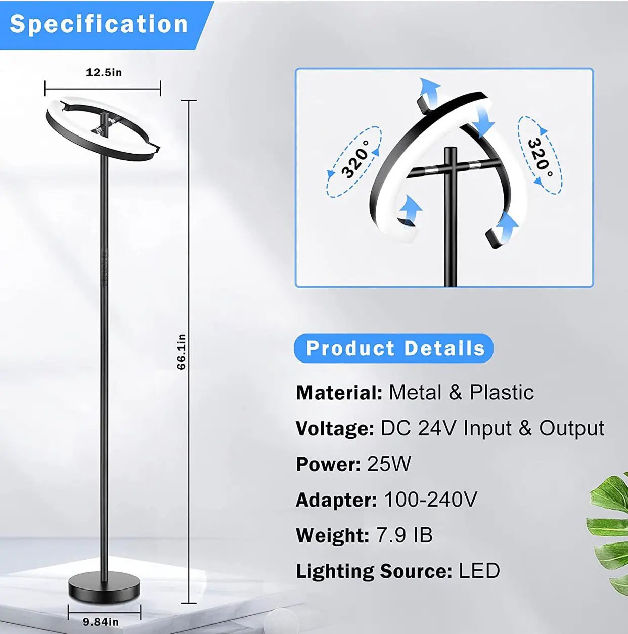 Click Split - Modern LED Torchiere Floor Lamp, Dimmable Uplight for Reading in Your Bedroom or Living Room by Outdoor Solar Outlet