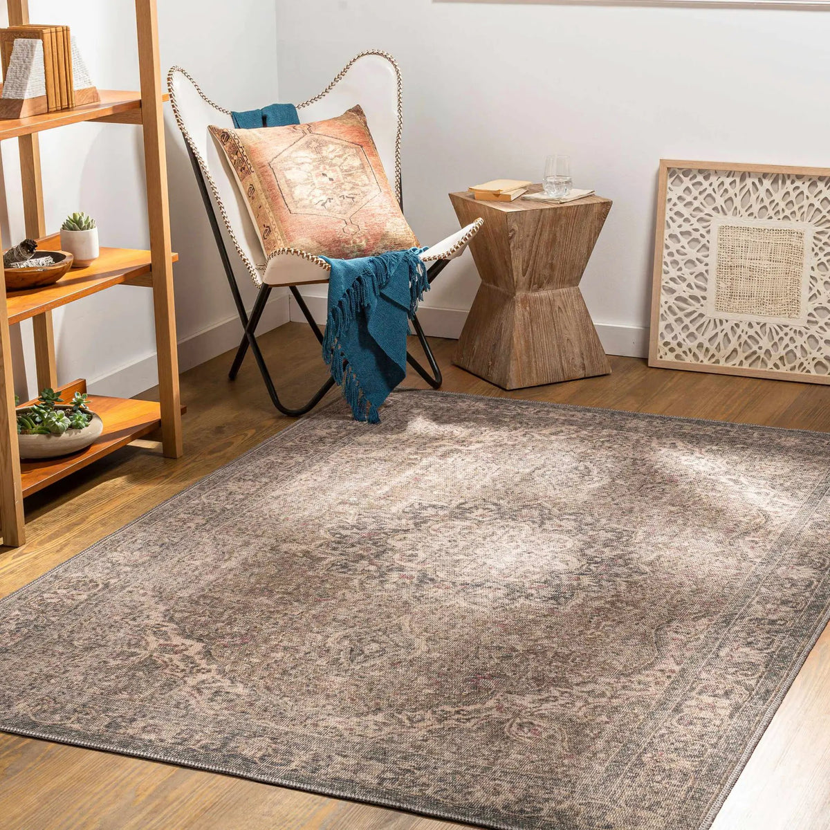 Greenpoint Dusty Blue Washable Rug, installed in a room 3