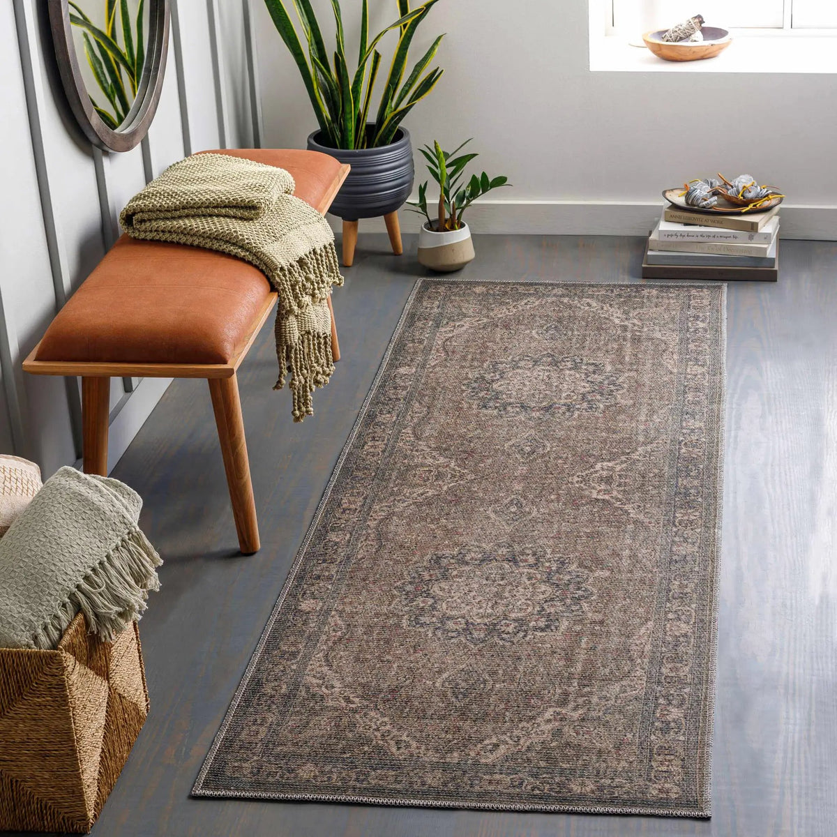 Greenpoint Dusty Blue Washable Rug, installed in a room