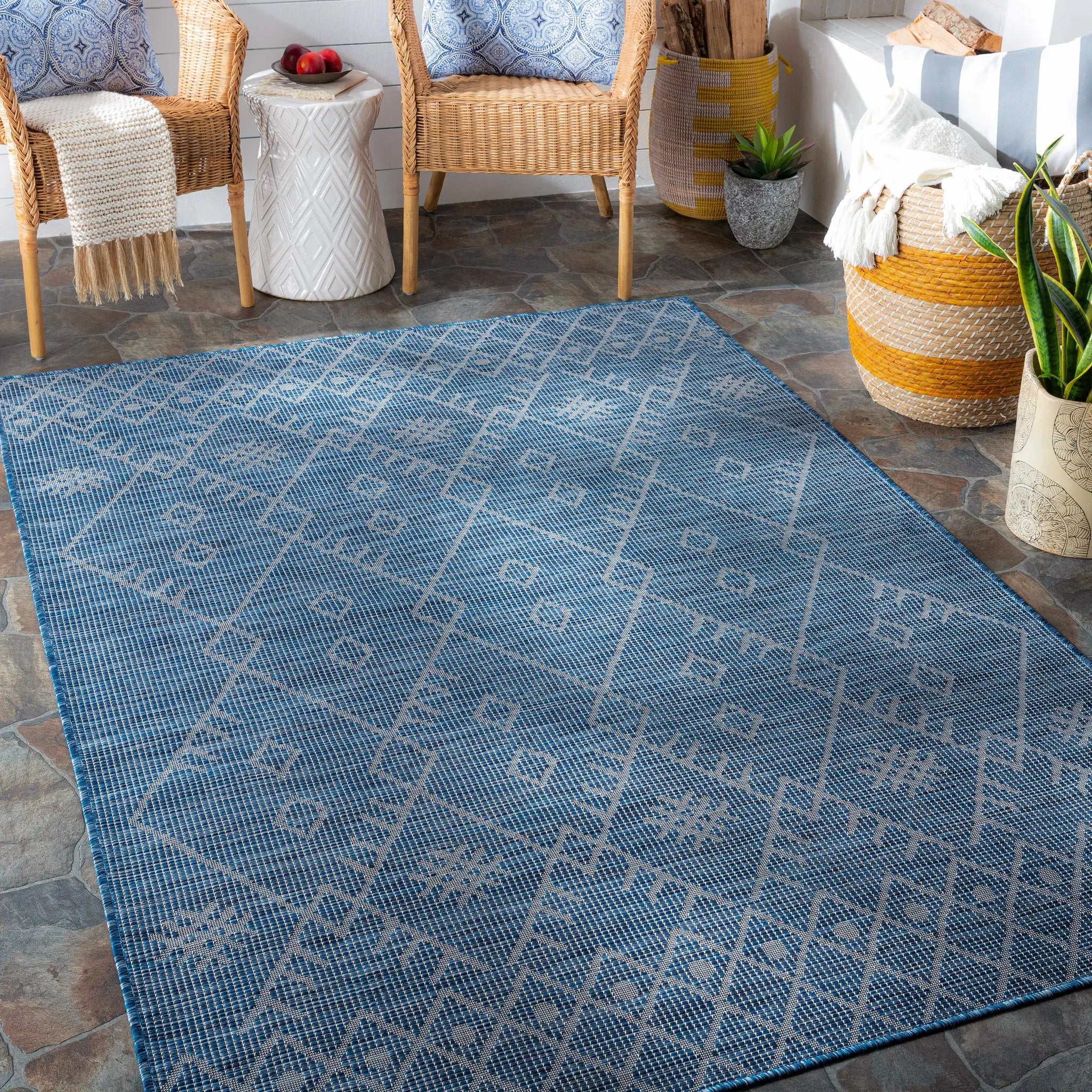 Lorena Blue Flatweave Trellis Outdoor Area Carpet - Clearance by Boutique Rugs