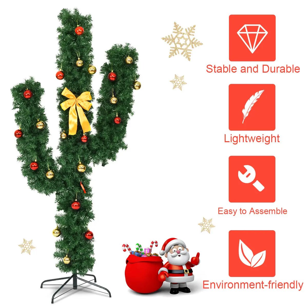 6 Feet Artificial Cactus PVC Christmas Tree with LED Lights and Ball Ornaments by DirectDeals