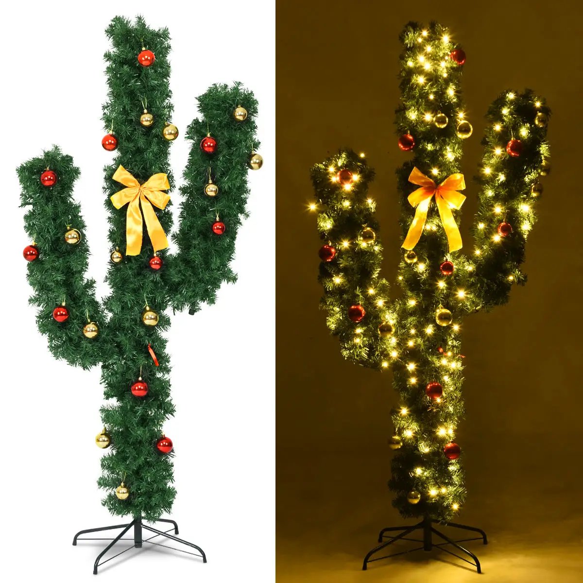 6 Feet Artificial Cactus PVC Christmas Tree with LED Lights and Ball Ornaments by DirectDeals