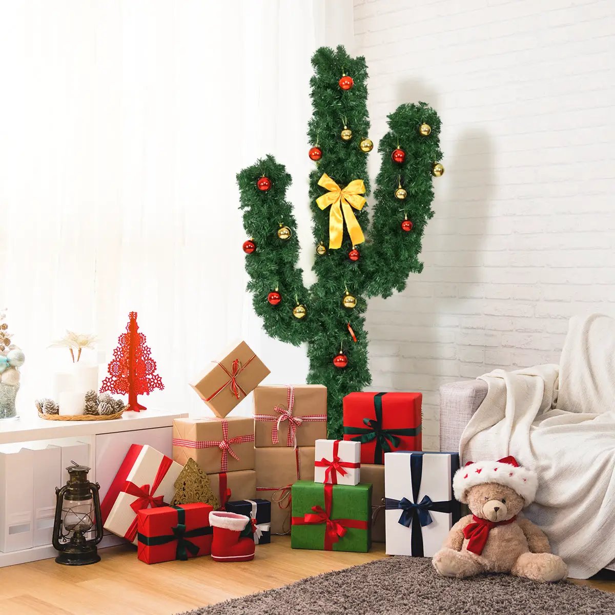 6 Feet Artificial Cactus PVC Christmas Tree with LED Lights and Ball Ornaments by DirectDeals