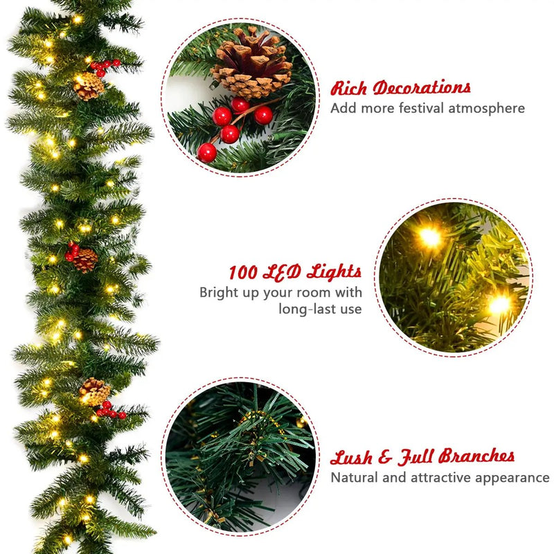 9 Feet Pre-lit Artificial Christmas Garland Red Berries with LED by DirectDeals