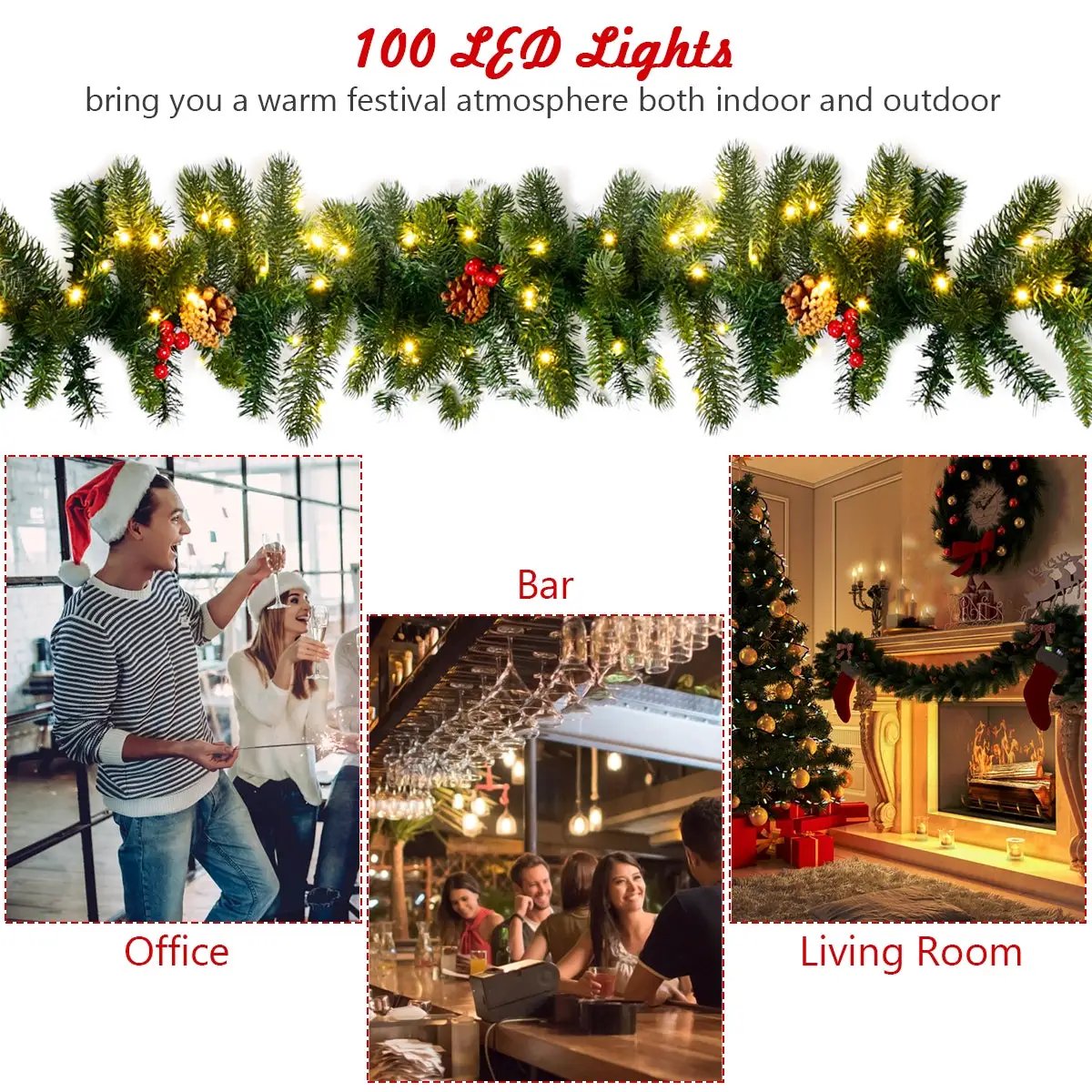 9 Feet Pre-lit Artificial Christmas Garland Red Berries with LED by DirectDeals