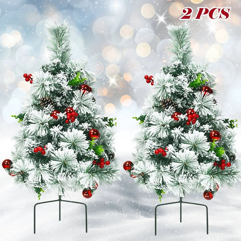 2 Feet Set of 2 Pre-lit Pathway Flocked Christmas Trees Battery Powered by DirectDeals