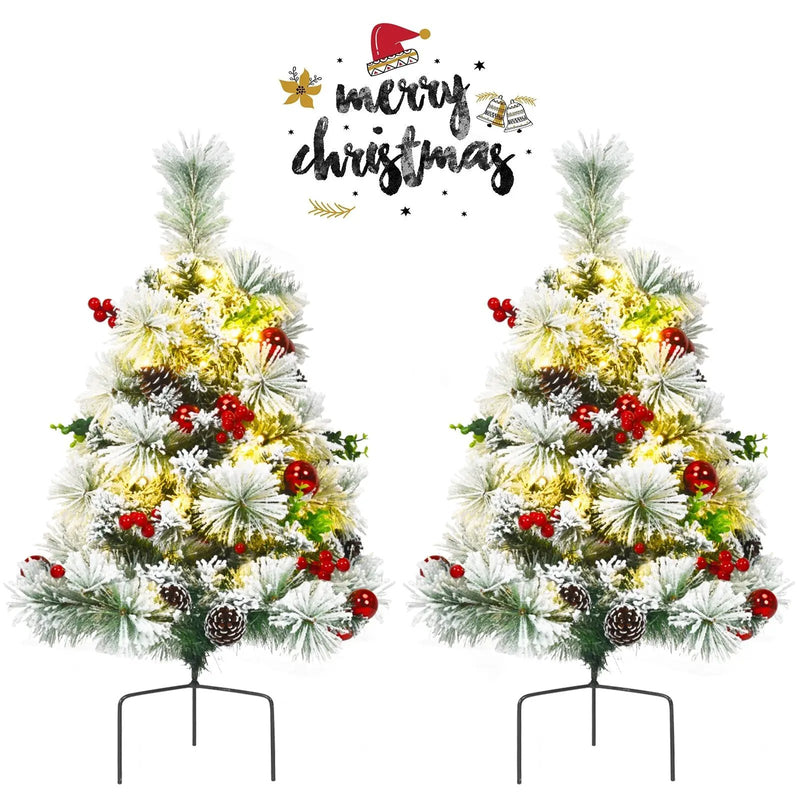 2 Feet Set of 2 Pre-lit Pathway Flocked Christmas Trees Battery Powered by DirectDeals