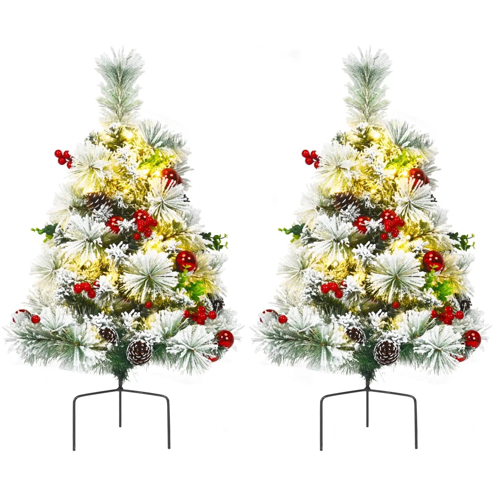 2 Feet Set of 2 Pre-lit Pathway Flocked Christmas Trees Battery Powered by DirectDeals