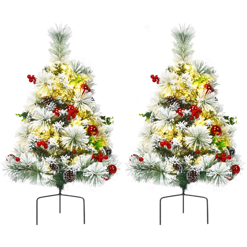 2 Feet Set of 2 Pre-lit Pathway Flocked Christmas Trees Battery Powered by DirectDeals