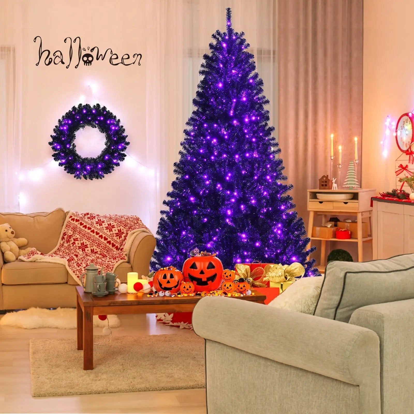 24 Inch Pre-lit Halloween Wreath with 35 Purple LED Lights by DirectDeals