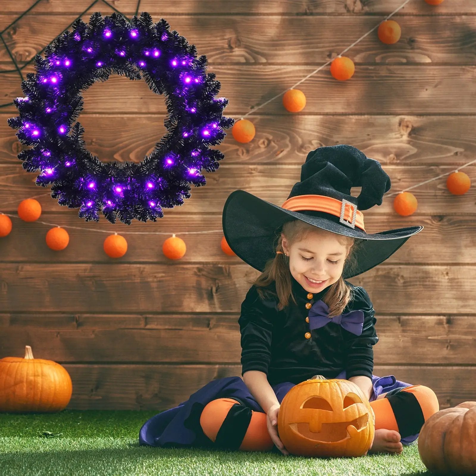 24 Inch Pre-lit Halloween Wreath with 35 Purple LED Lights by DirectDeals