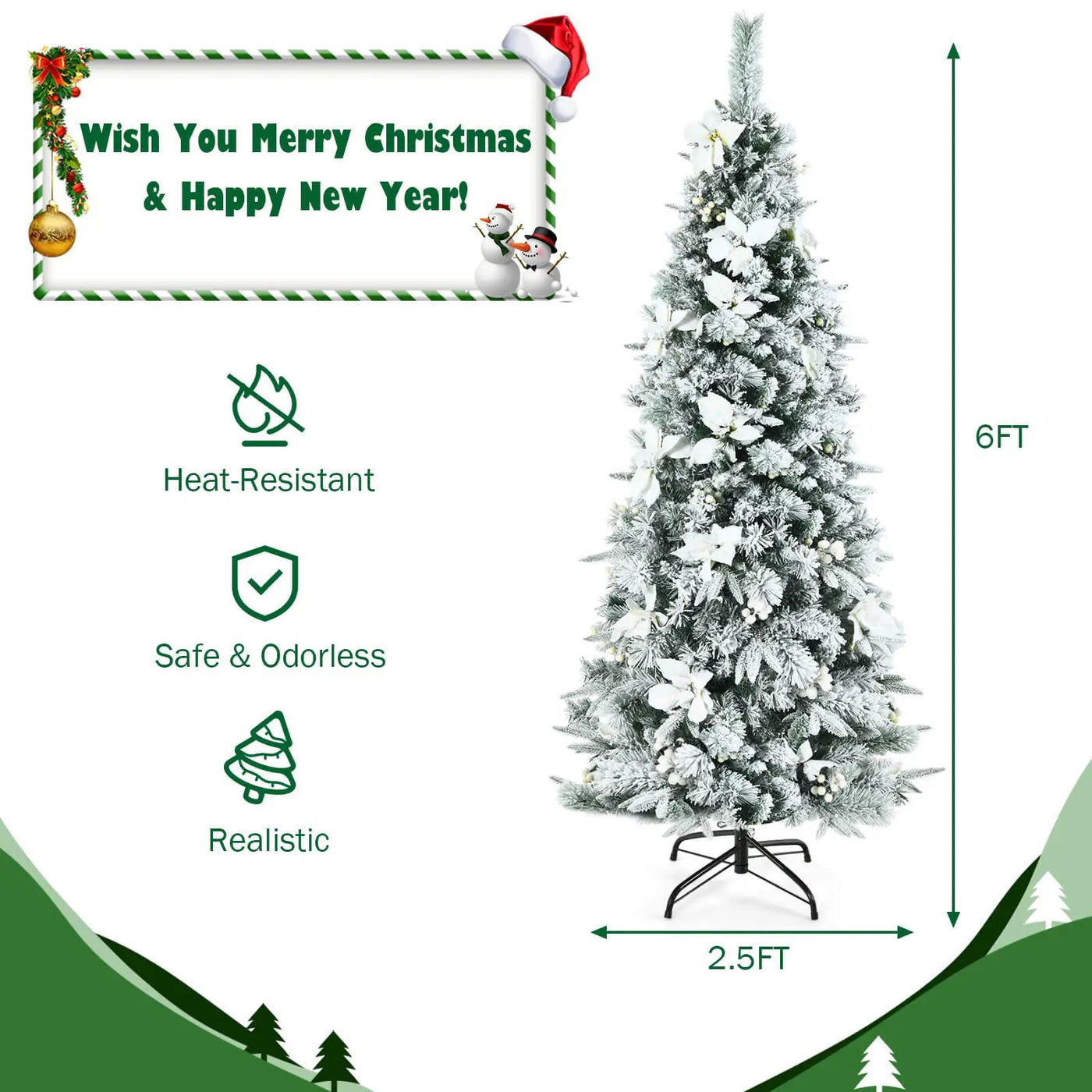 Snow Flocked Christmas Pencil Tree with Berries and Poinsettia Flowers by DirectDeals
