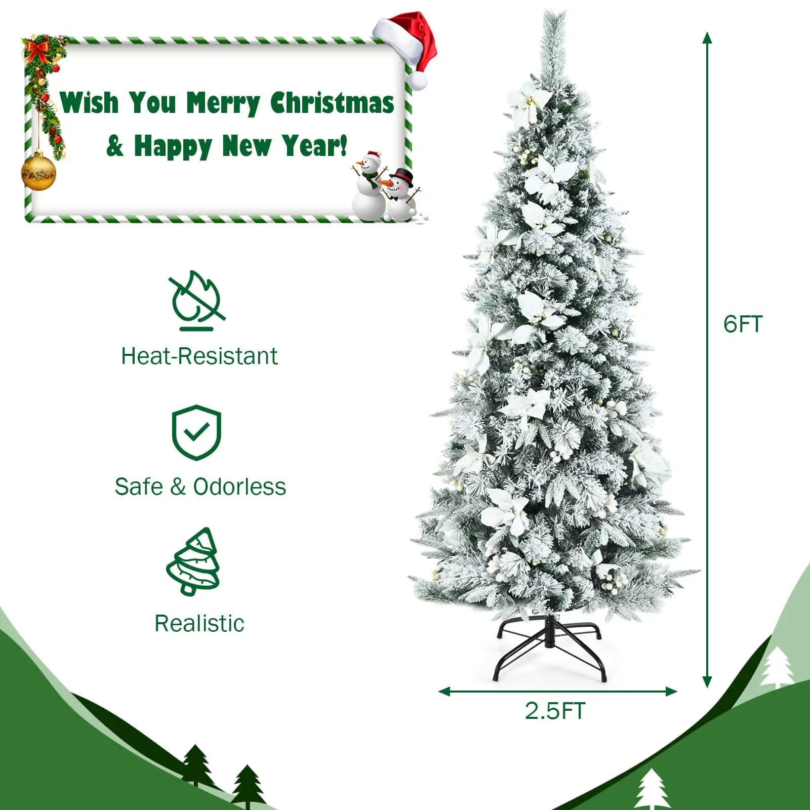 Snow Flocked Christmas Pencil Tree with Berries and Poinsettia Flowers by DirectDeals