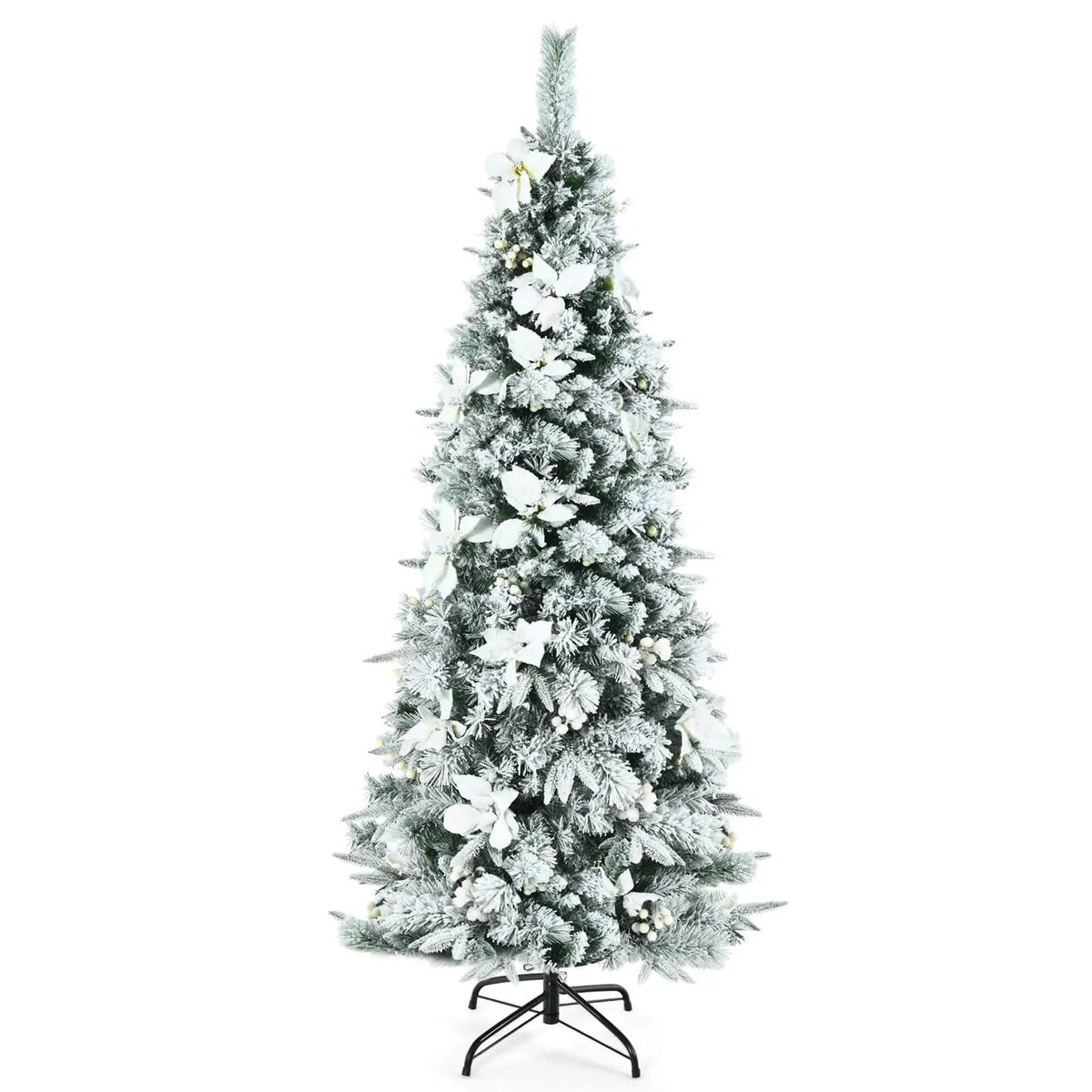 Snow Flocked Christmas Pencil Tree with Berries and Poinsettia Flowers by DirectDeals