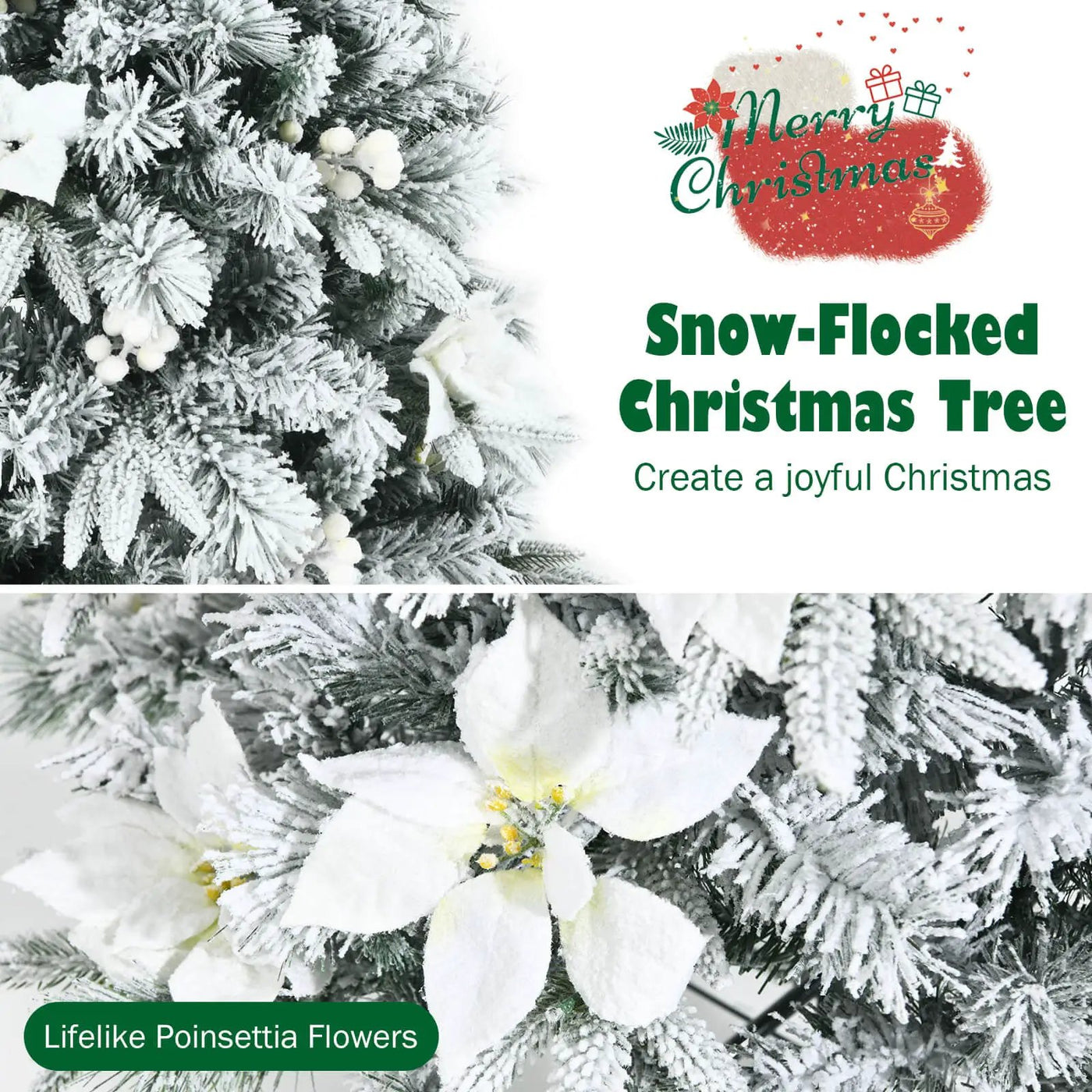 Snow Flocked Christmas Pencil Tree with Berries and Poinsettia Flowers by DirectDeals