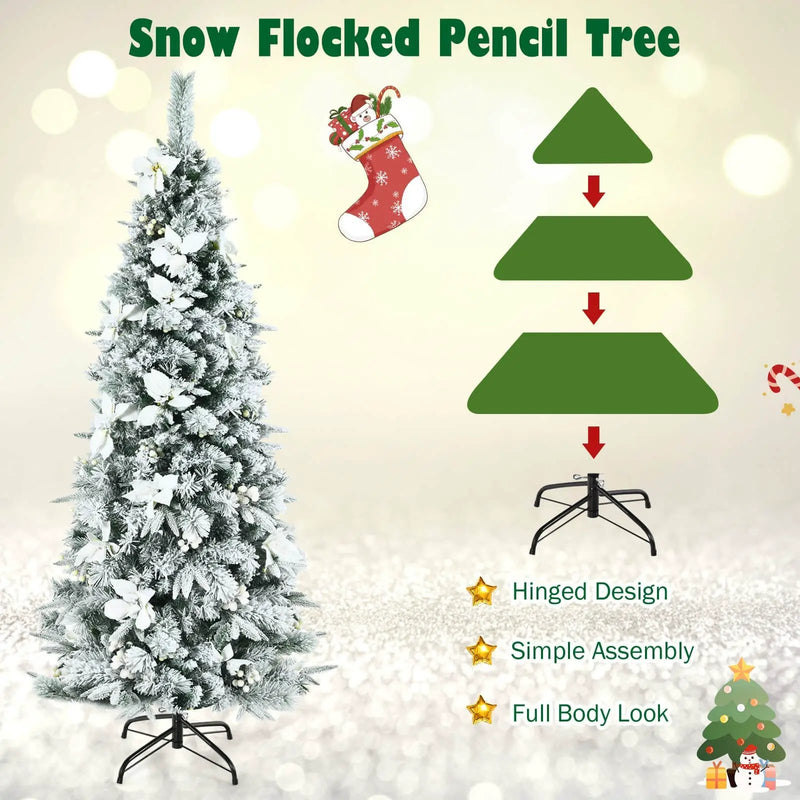 Snow Flocked Christmas Pencil Tree with Berries and Poinsettia Flowers by DirectDeals