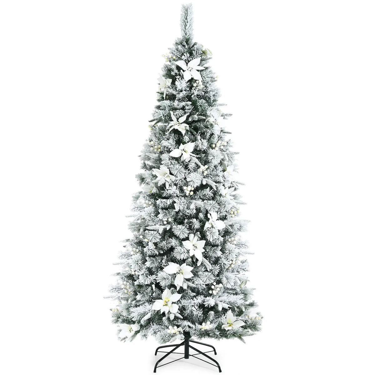 Snow Flocked Christmas Pencil Tree with Berries and Poinsettia Flowers by DirectDeals