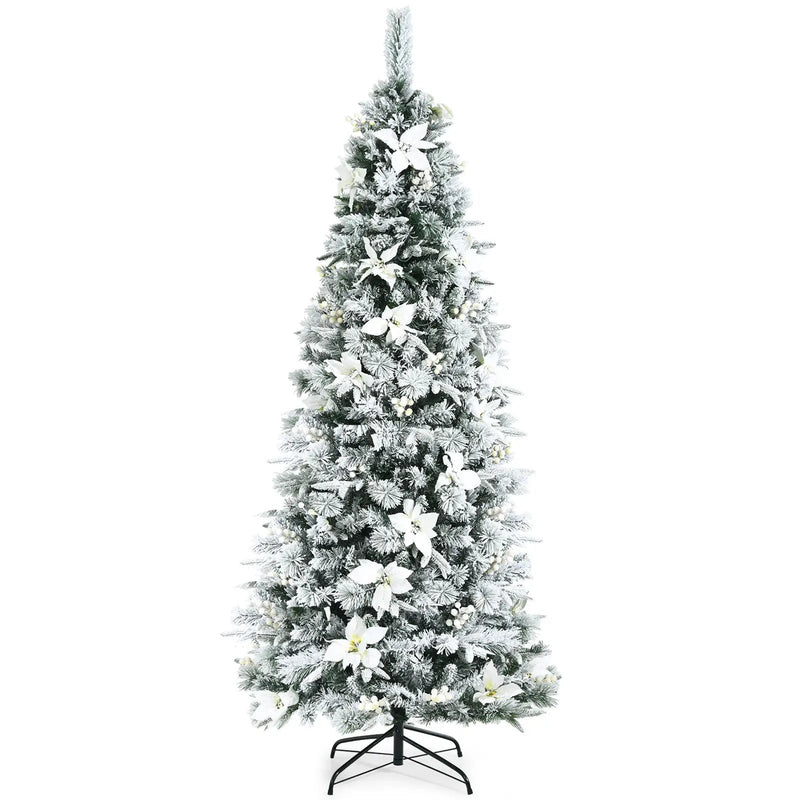 Snow Flocked Christmas Pencil Tree with Berries and Poinsettia Flowers by DirectDeals