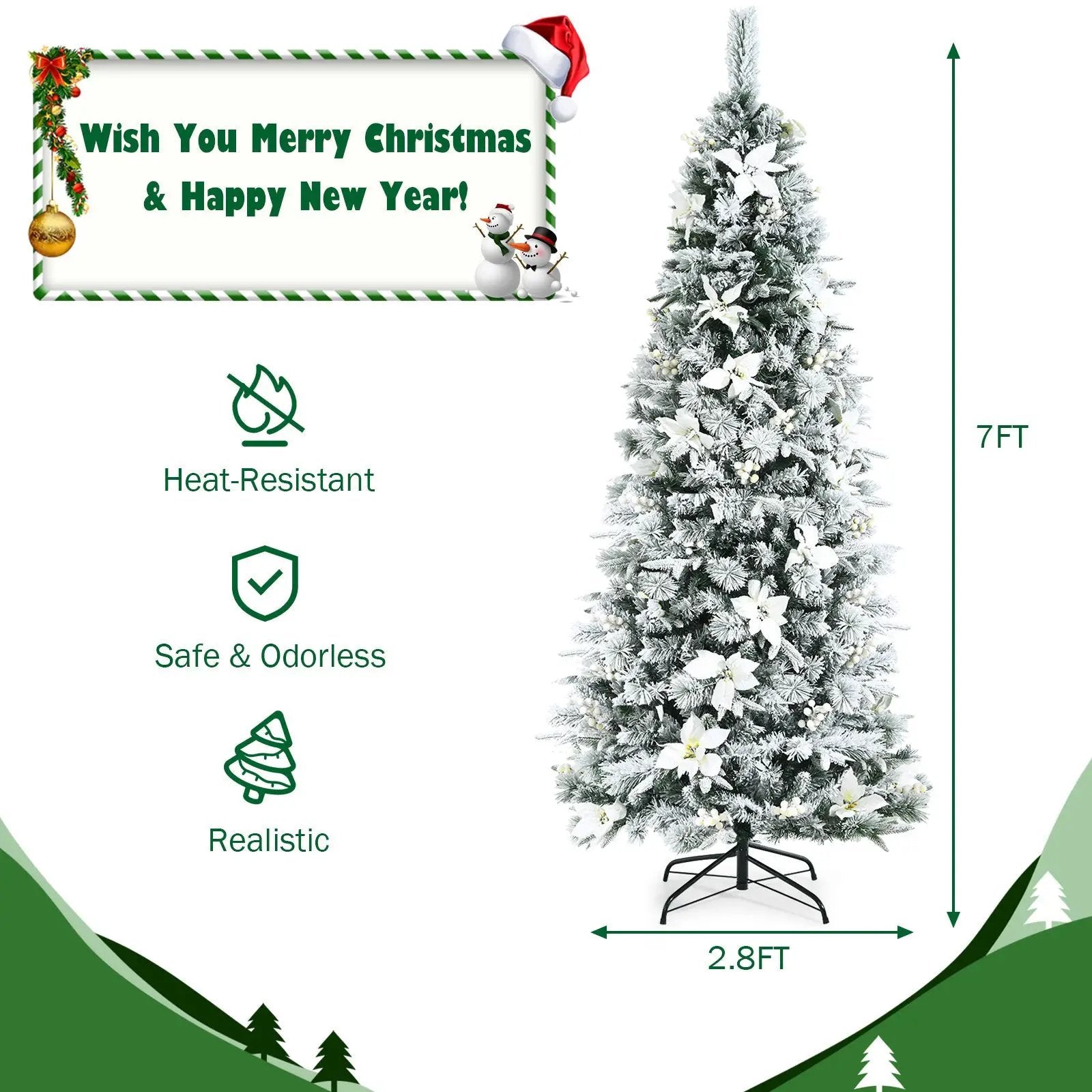 Snow Flocked Christmas Pencil Tree with Berries and Poinsettia Flowers by DirectDeals