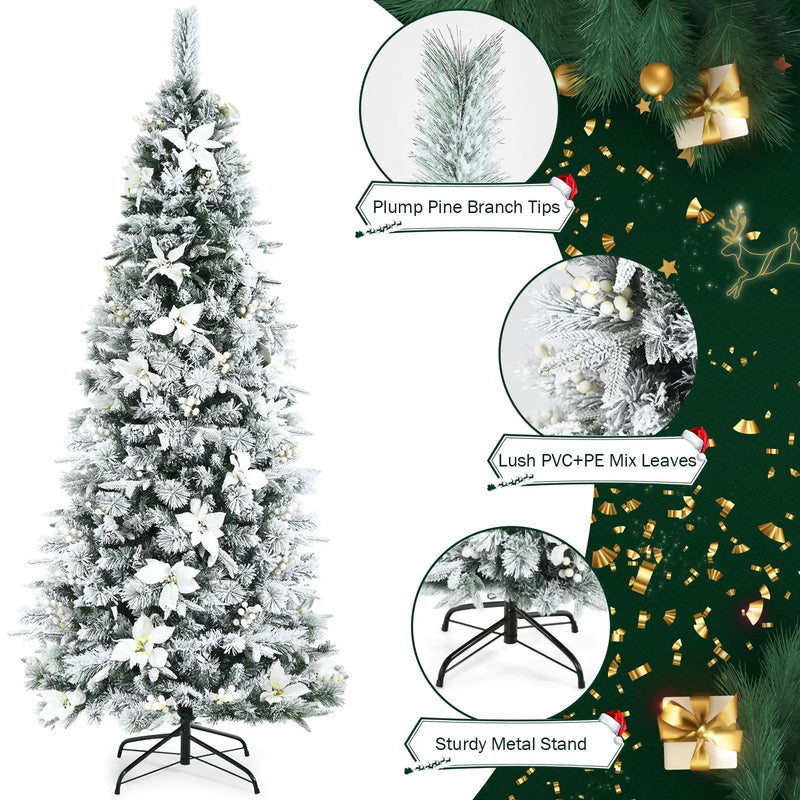 Snow Flocked Christmas Pencil Tree with Berries and Poinsettia Flowers by DirectDeals