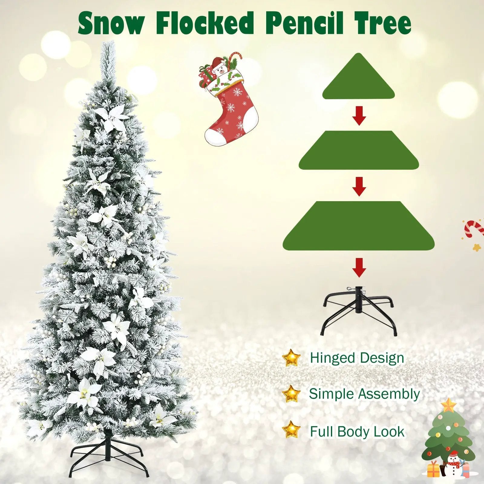 Snow Flocked Christmas Pencil Tree with Berries and Poinsettia Flowers by DirectDeals