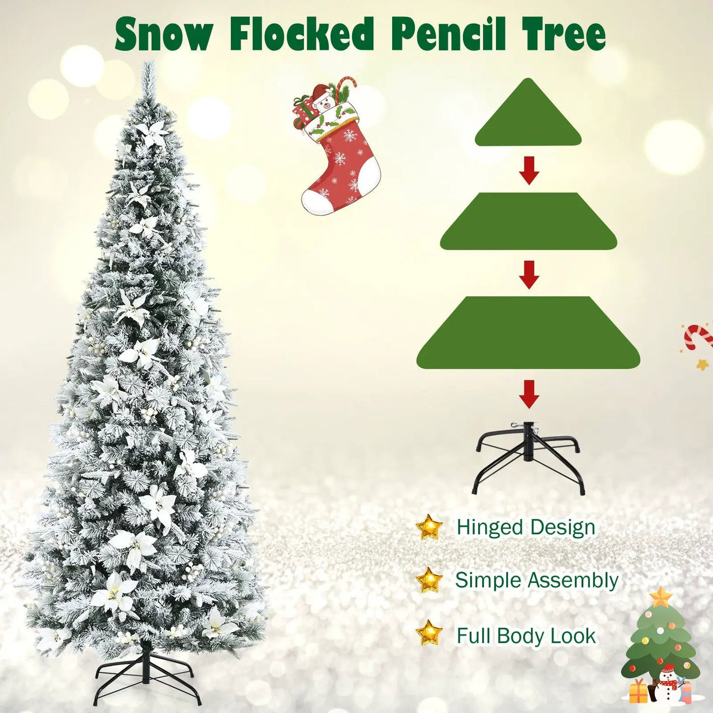 Snow Flocked Christmas Pencil Tree with Berries and Poinsettia Flowers by DirectDeals