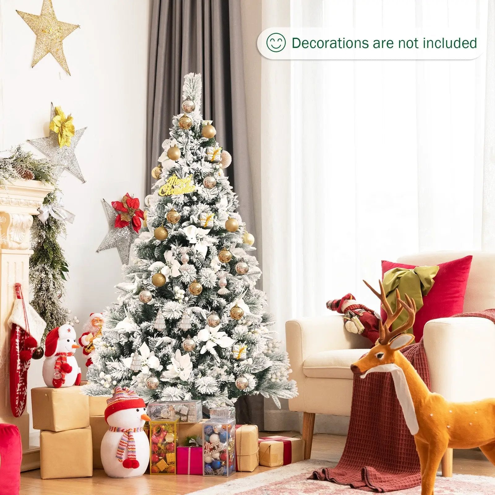 5 Feet Snow Flocked Hinged Christmas Tree with Berries and Poinsettia Flowers by DirectDeals