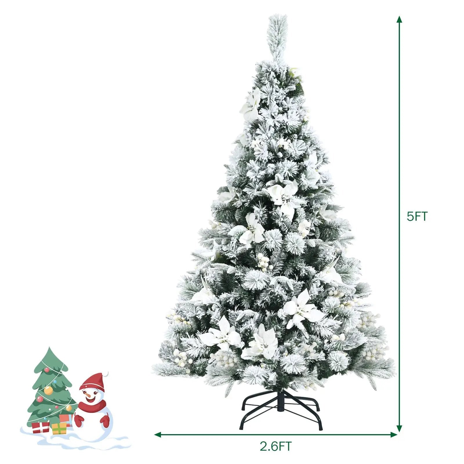 5 Feet Snow Flocked Hinged Christmas Tree with Berries and Poinsettia Flowers by DirectDeals