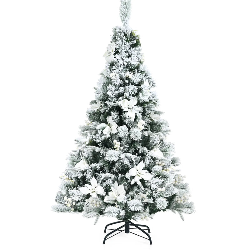 5 Feet Snow Flocked Hinged Christmas Tree with Berries and Poinsettia Flowers by DirectDeals