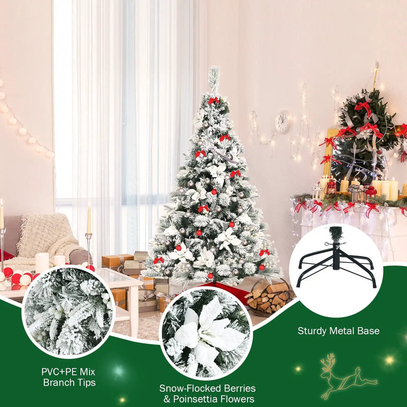 5 Feet Snow Flocked Hinged Christmas Tree with Berries and Poinsettia Flowers by DirectDeals