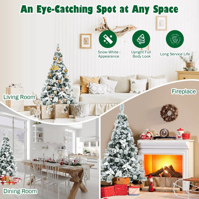 5 Feet Snow Flocked Hinged Christmas Tree with Berries and Poinsettia Flowers by DirectDeals