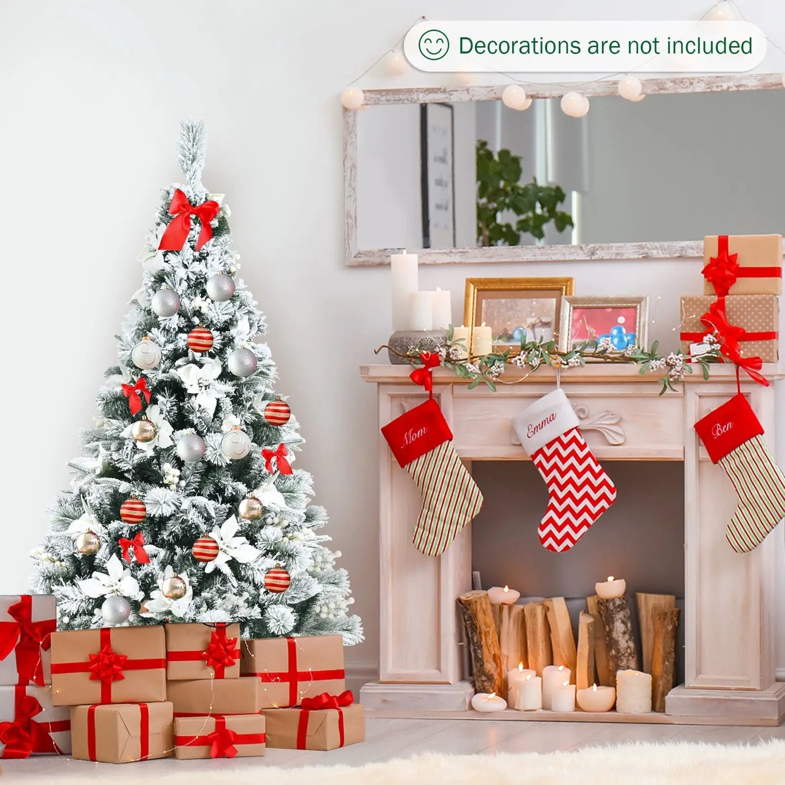 5 Feet Snow Flocked Hinged Christmas Tree with Berries and Poinsettia Flowers by DirectDeals