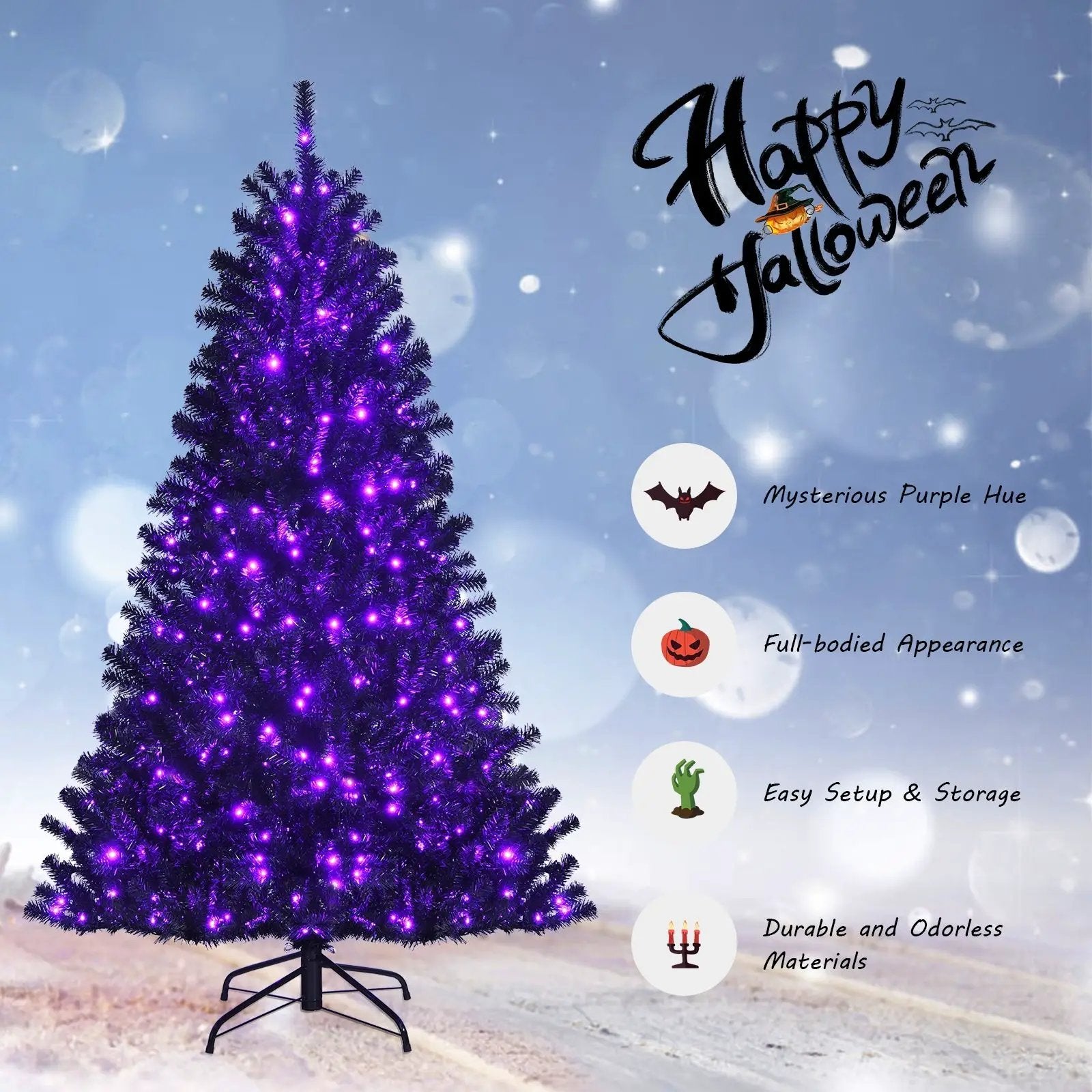 Black Artificial Christmas Halloween Tree with Purple LED Lights by DirectDeals