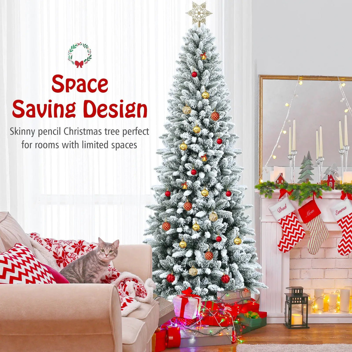 Snow-Flocked Hinged Artificial Christmas Pencil Tree with Mixed Tips by DirectDeals
