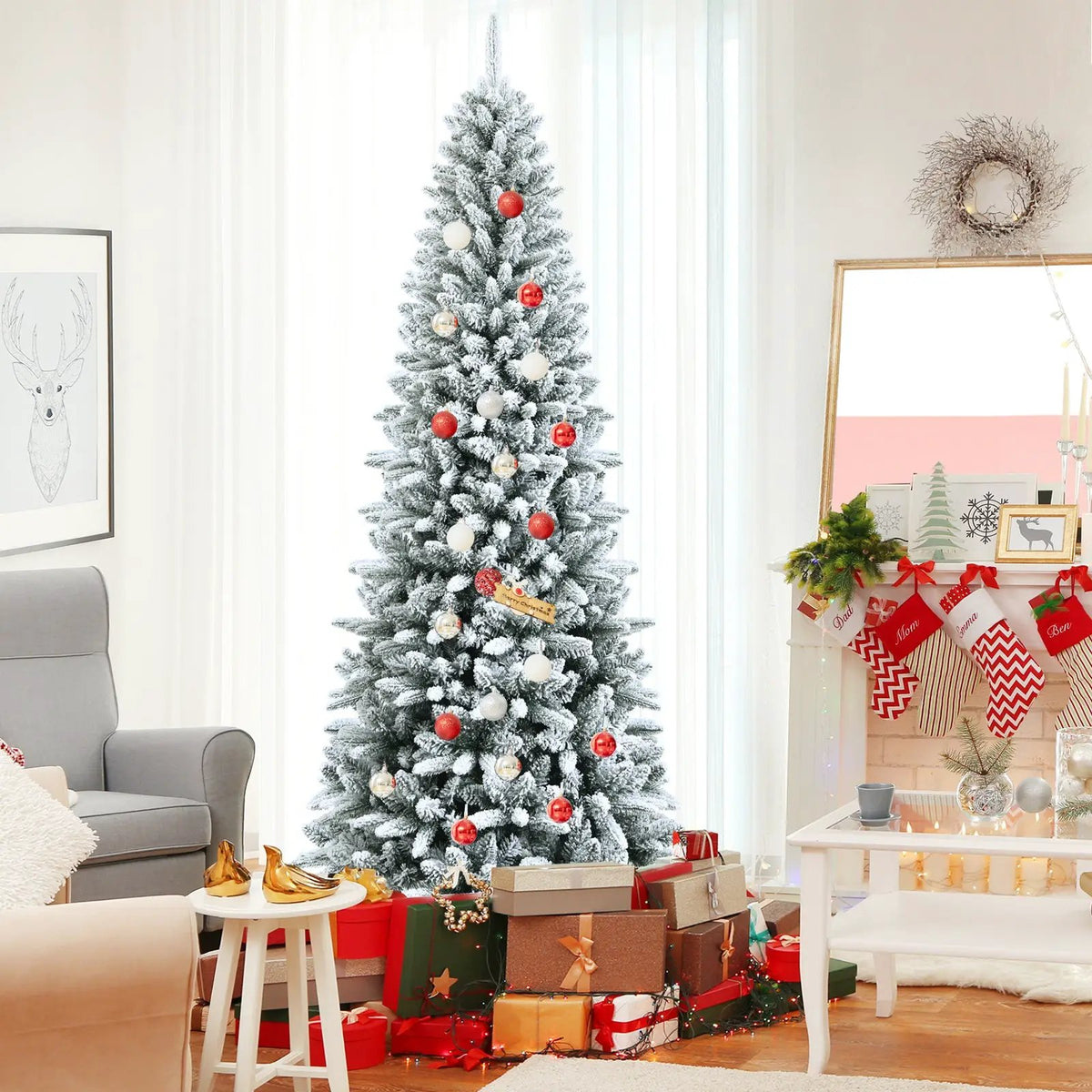 Snow-Flocked Hinged Artificial Christmas Pencil Tree with Mixed Tips by DirectDeals