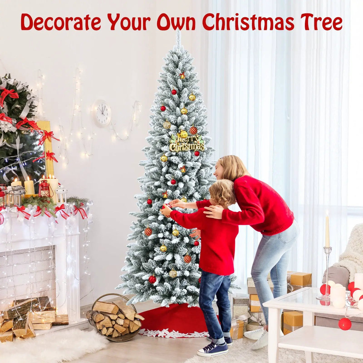 Snow-Flocked Hinged Artificial Christmas Pencil Tree with Mixed Tips by DirectDeals