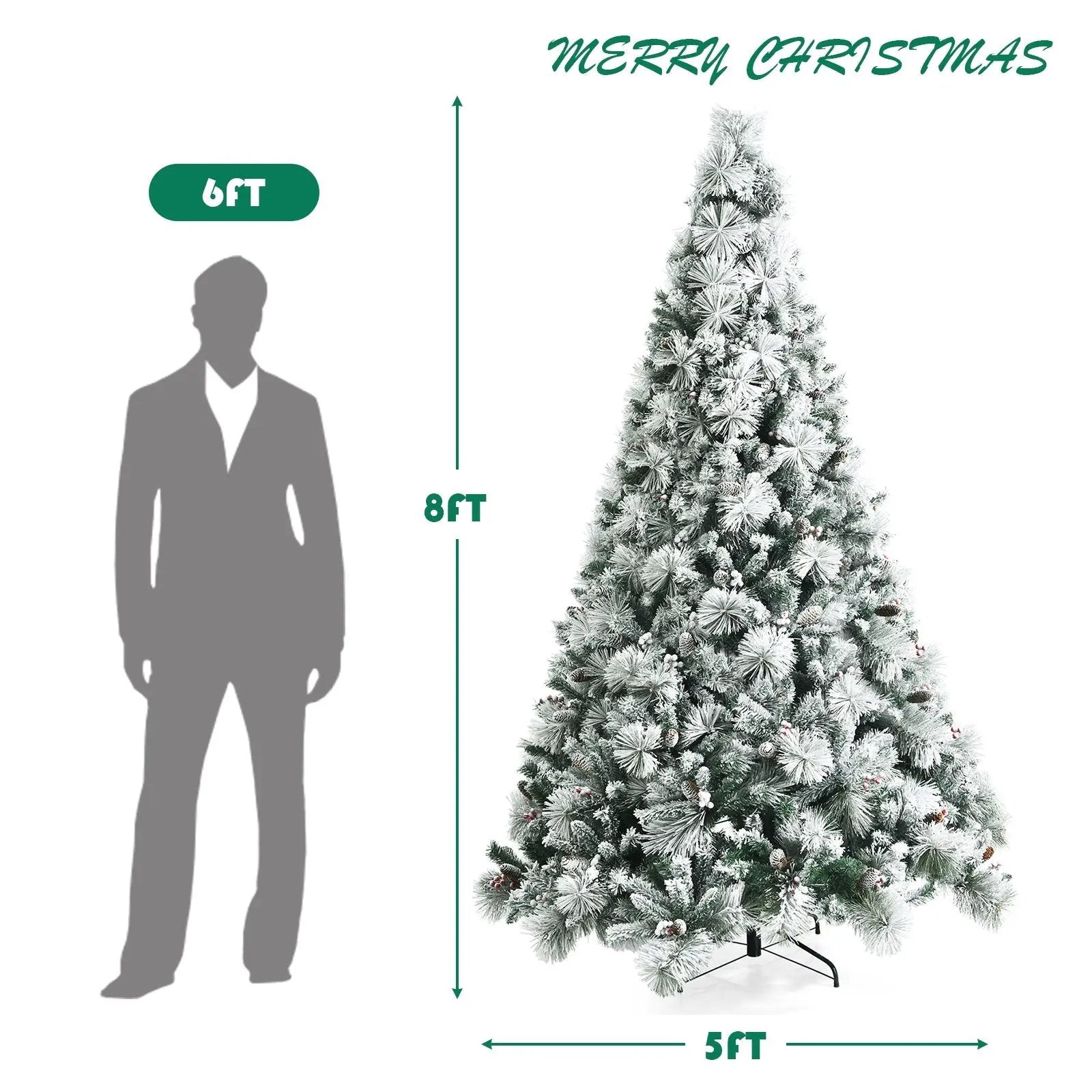 8 Feet Snow Flocked Christmas Tree Glitter Tips with Pine Cone and Red Berries by DirectDeals