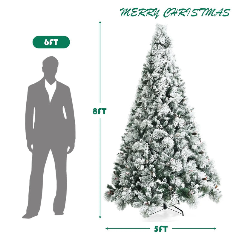 8 Feet Snow Flocked Christmas Tree Glitter Tips with Pine Cone and Red Berries by DirectDeals