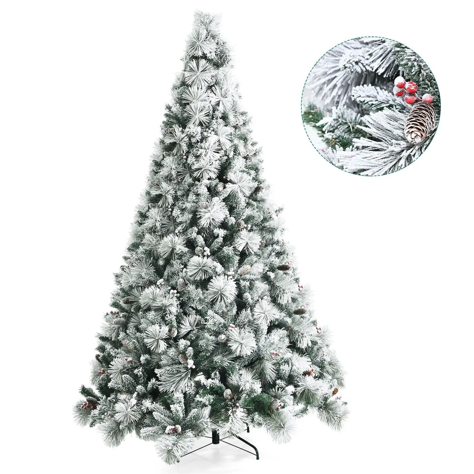 8 Feet Snow Flocked Christmas Tree Glitter Tips with Pine Cone and Red Berries by DirectDeals