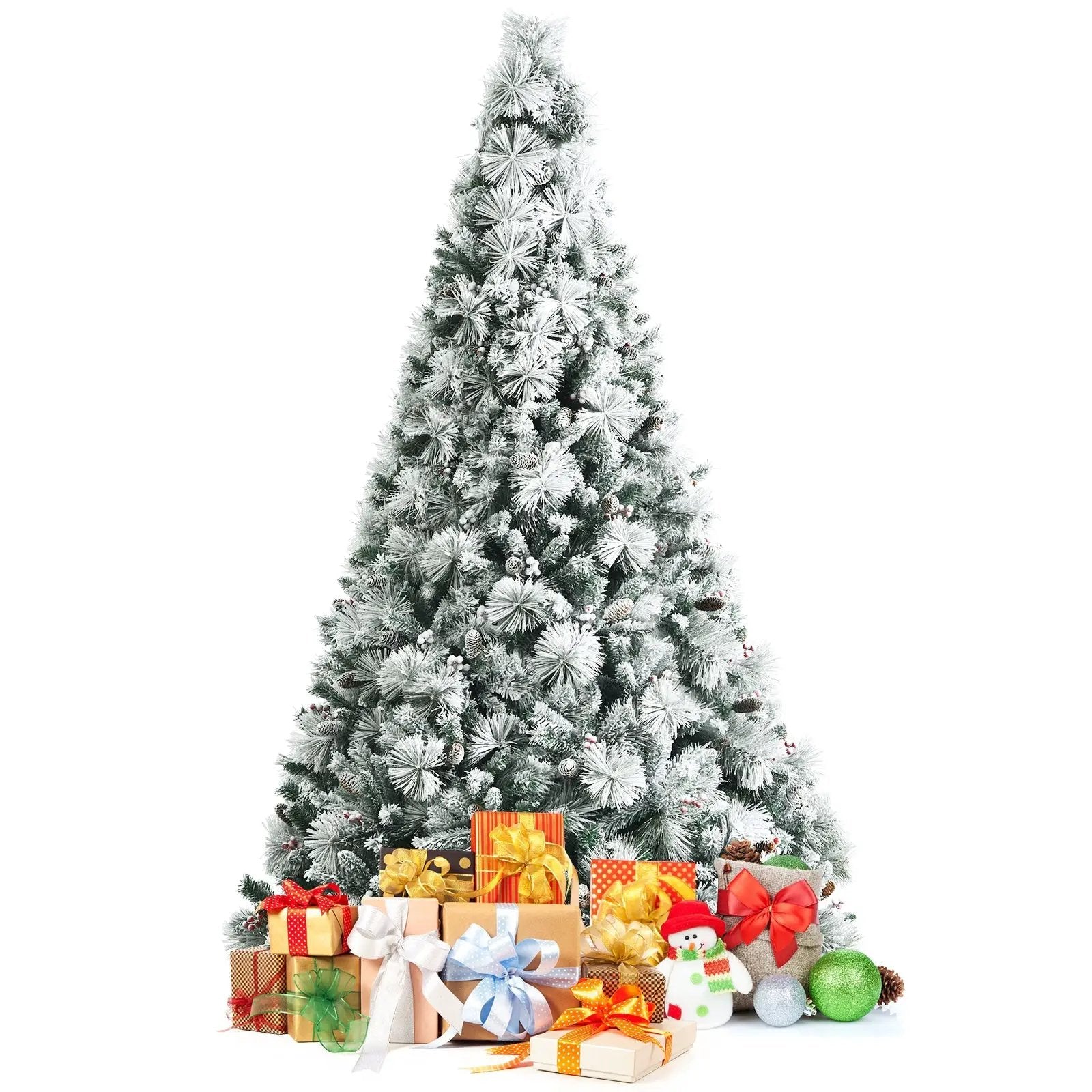 8 Feet Snow Flocked Christmas Tree Glitter Tips with Pine Cone and Red Berries by DirectDeals