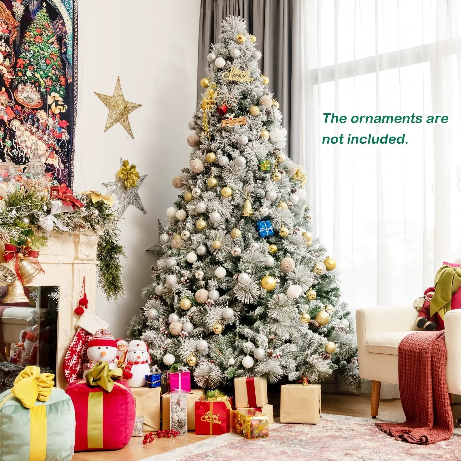 8 Feet Snow Flocked Christmas Tree Glitter Tips with Pine Cone and Red Berries by DirectDeals