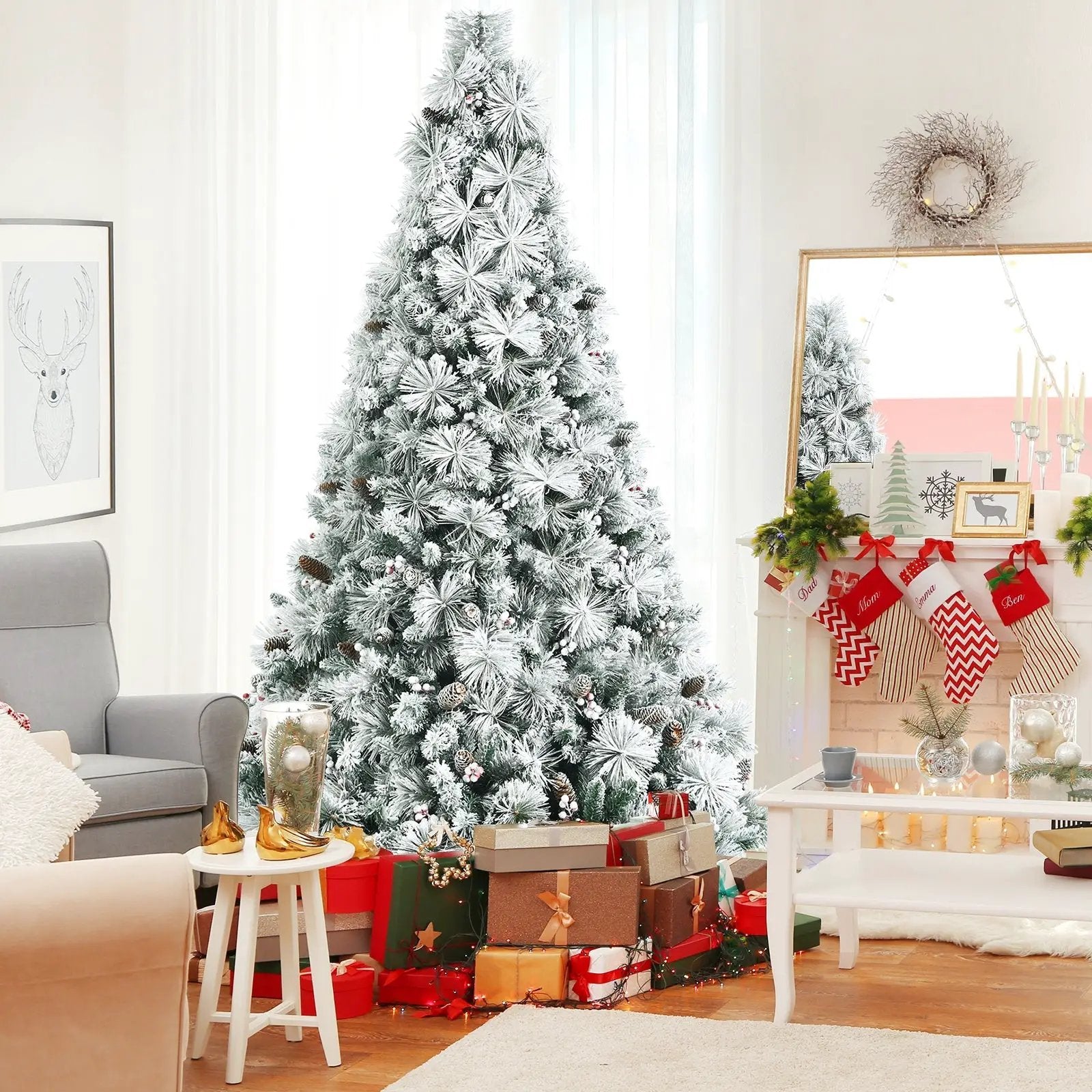 8 Feet Snow Flocked Christmas Tree Glitter Tips with Pine Cone and Red Berries by DirectDeals