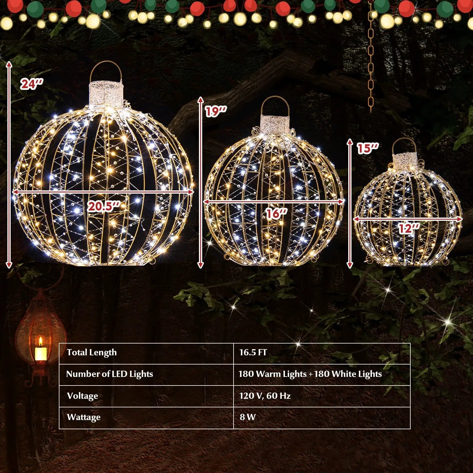 3 Pack Christmas LED Light Balls with Cable Ties and 6 Stakes-Golden by DirectDeals