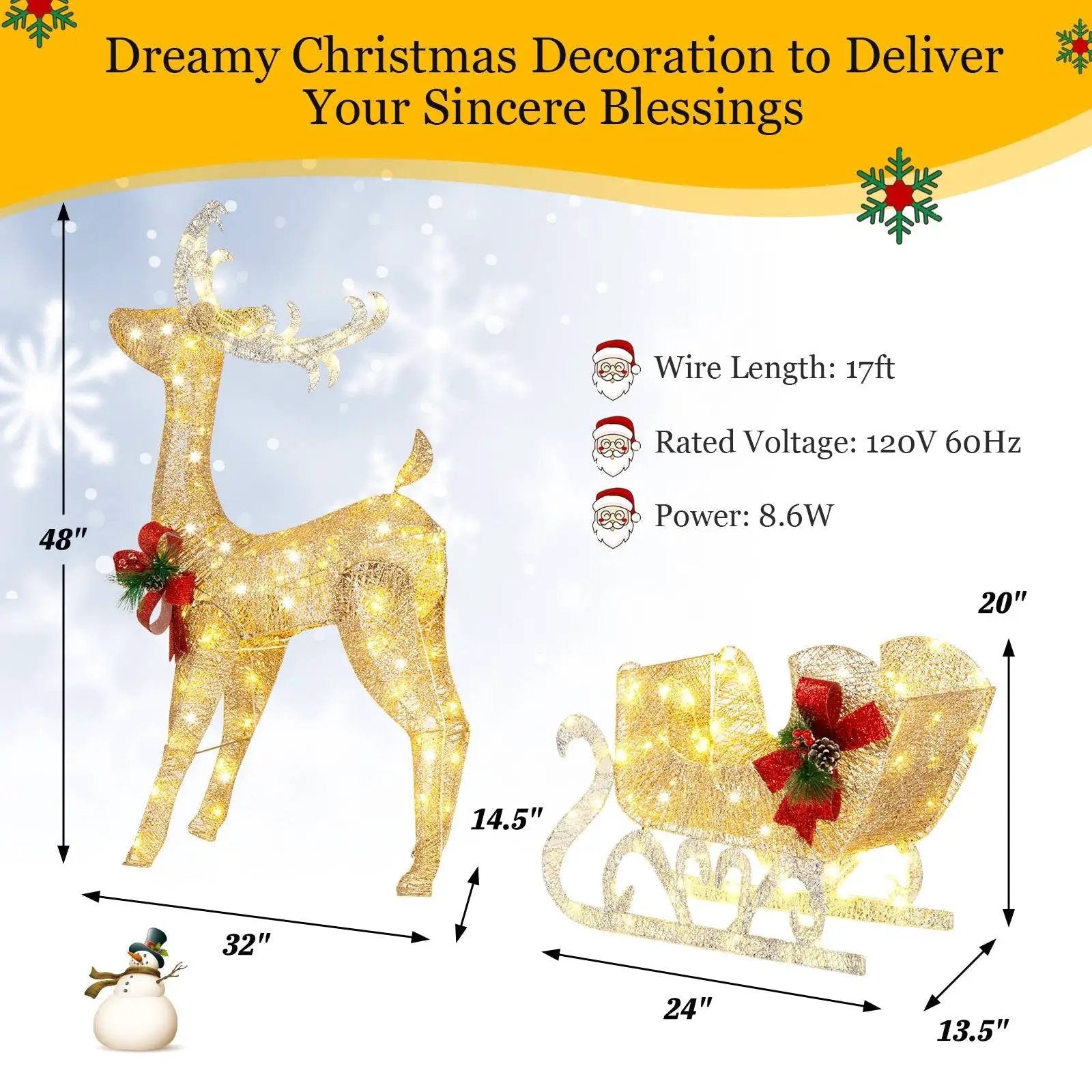 Christmas Reindeer Sleigh Decoration with 100 Lights-Golden by DirectDeals